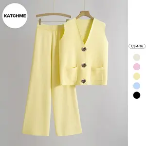 KatchMe Women's Elegant V Neck Gold-Toned Button Decor Tank Top & Wide Leg Trousers Co-ord, Classy Solid Color 2 Piece Co-ord Set, Chic Womenswear