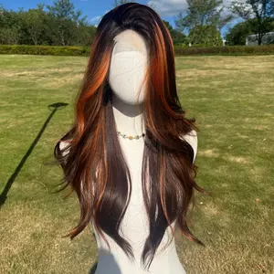 Smilco Brown Gigner Orange Highlight Body Wavy Wig – 0.5*6CM  Small Lace Front/22 Inch/SM1675
