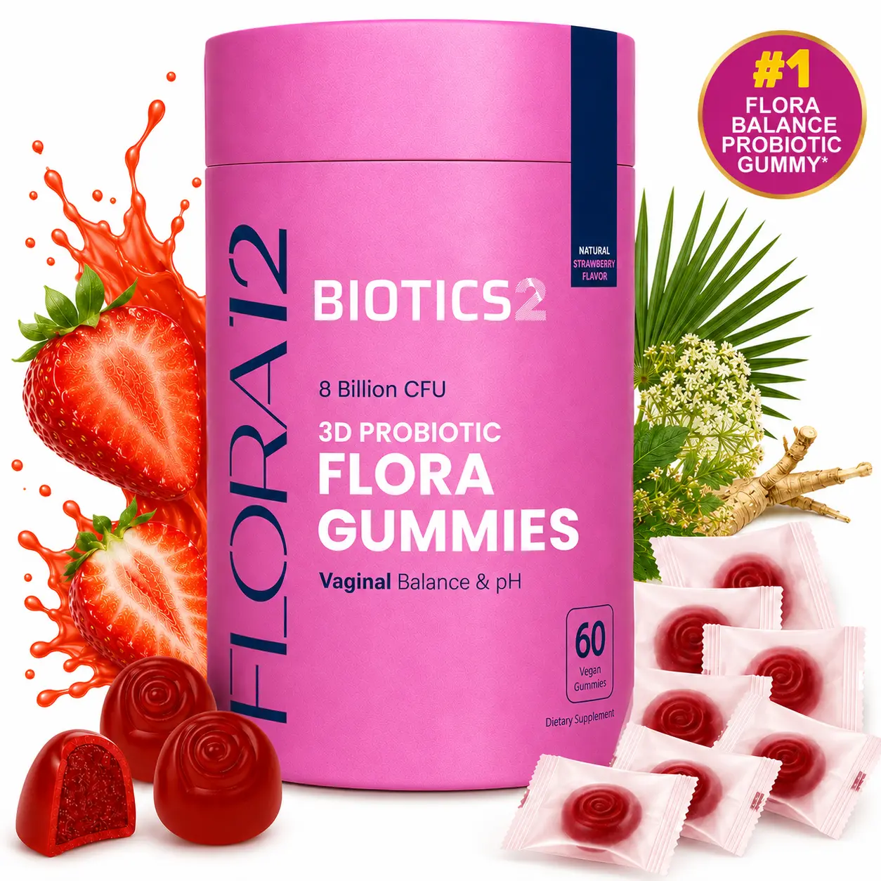 BIOTICS2 Vaginal Probiotic Gummies for Women, 8 Billion CFU + Prebiotics, pH Balance & Flora Support, Sugar-Free Vegan, Individually Wrapped, 60 Count