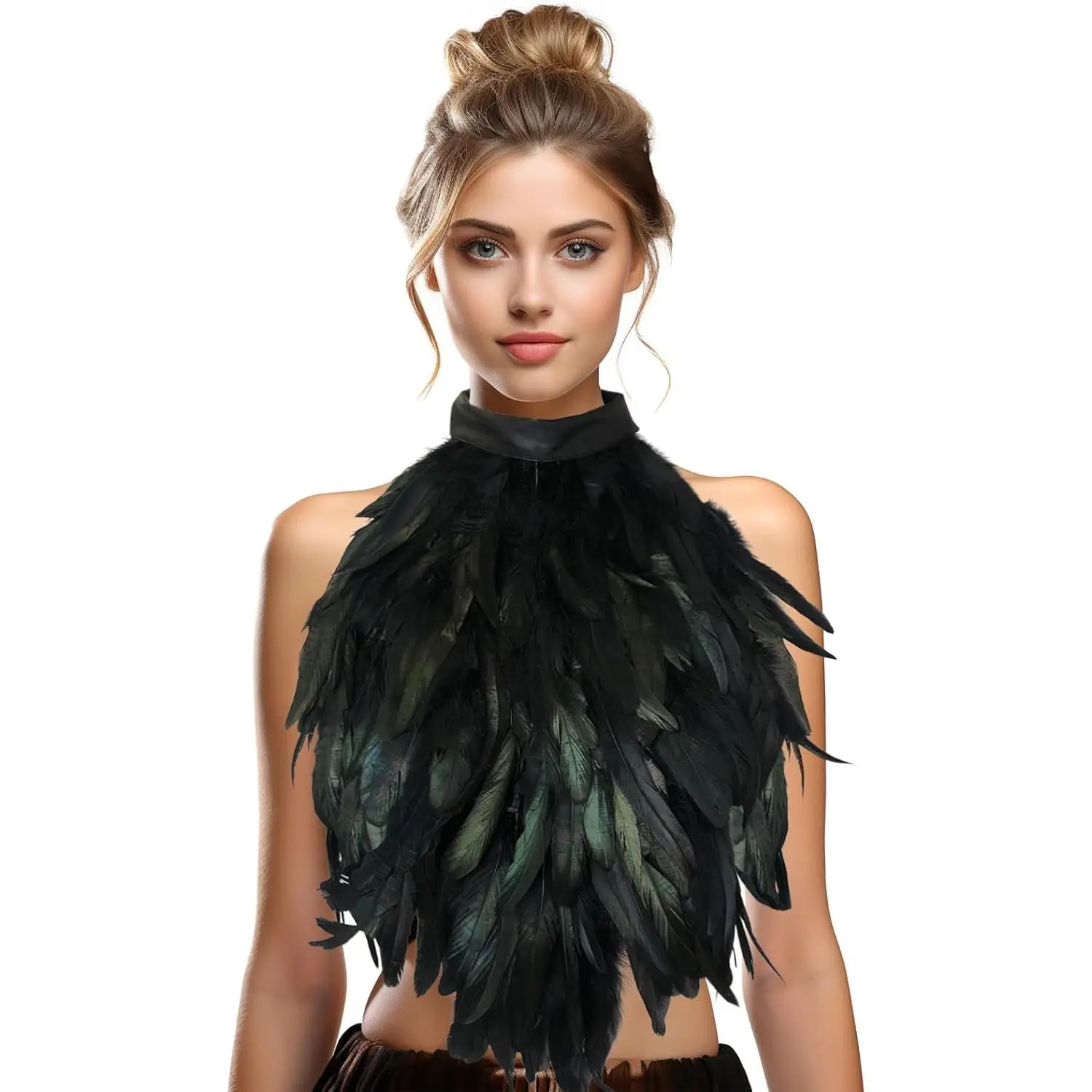 Women's Gothic Feather Capelet - Adult Polyester Fiber Cloak, Dramatic Black Wings Shawl Collar, Machine Washable Maleficent Witch Costume Accessory