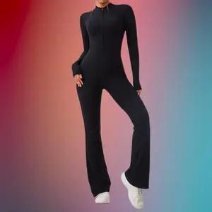 Slim Fit Red Zip Closure Long-Sleeve Stretch Fabric Workout Jumpsuit - Skin-Tight, Hip-Lifting, Flare Legs Athletic Training Apparel for Outdoor Fitness, Running