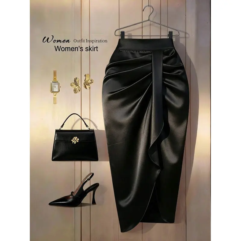 Women's Fashionable Elegant Pleated Tie-Waist Asymmetrical Hem Skirt