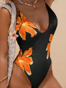 Women's Springbreak V-Neck Adjustable Criss-Cross Strap Printed One-Piece Swimsuit, Sexy Elegant Holiday Minimalist