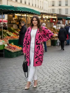 Sexy Fashion Leopard Print Loose V-Neck Plus Size Women's Long Sleeve Knit Cardigan, Casual Comfortable Outerwear for Daily Wear