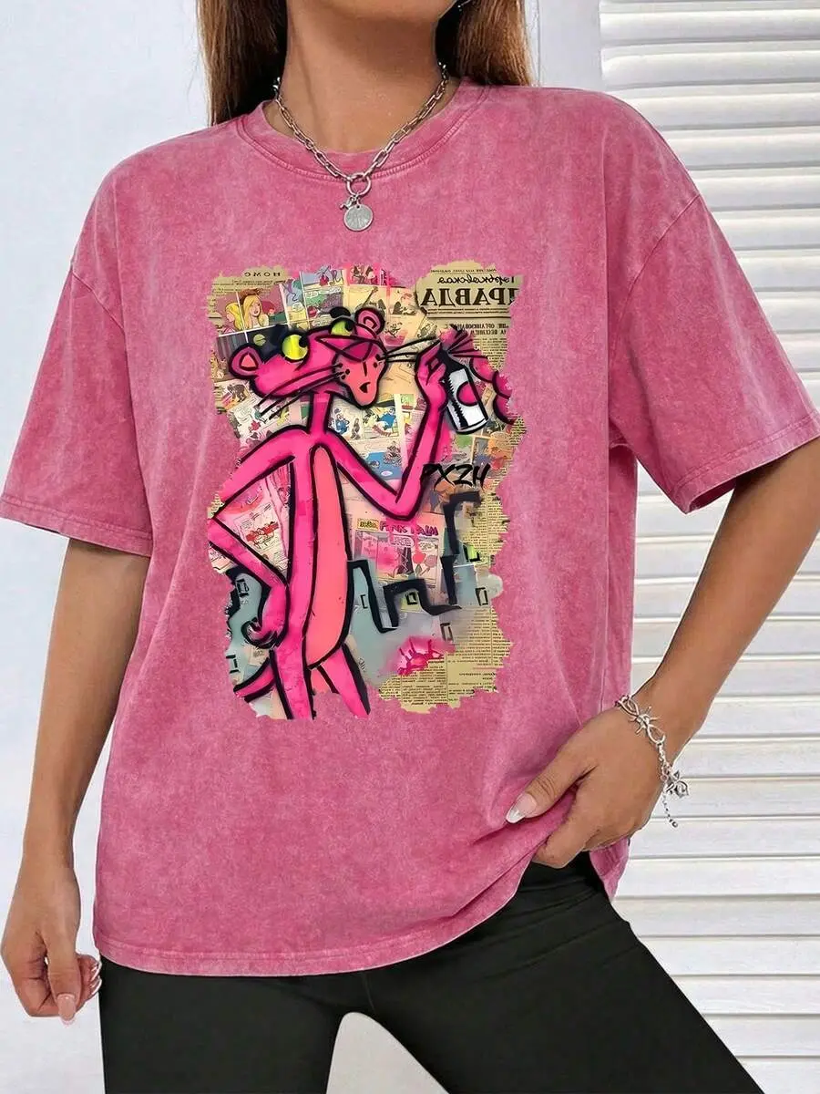 Women's Pink Panther Graphic Tee - Vintage Acid Wash Cotton Top, Retro Cartoon Newspaper Print Oversized Streetwear Shirt, Comfortable Baggy Skater Festival Wear