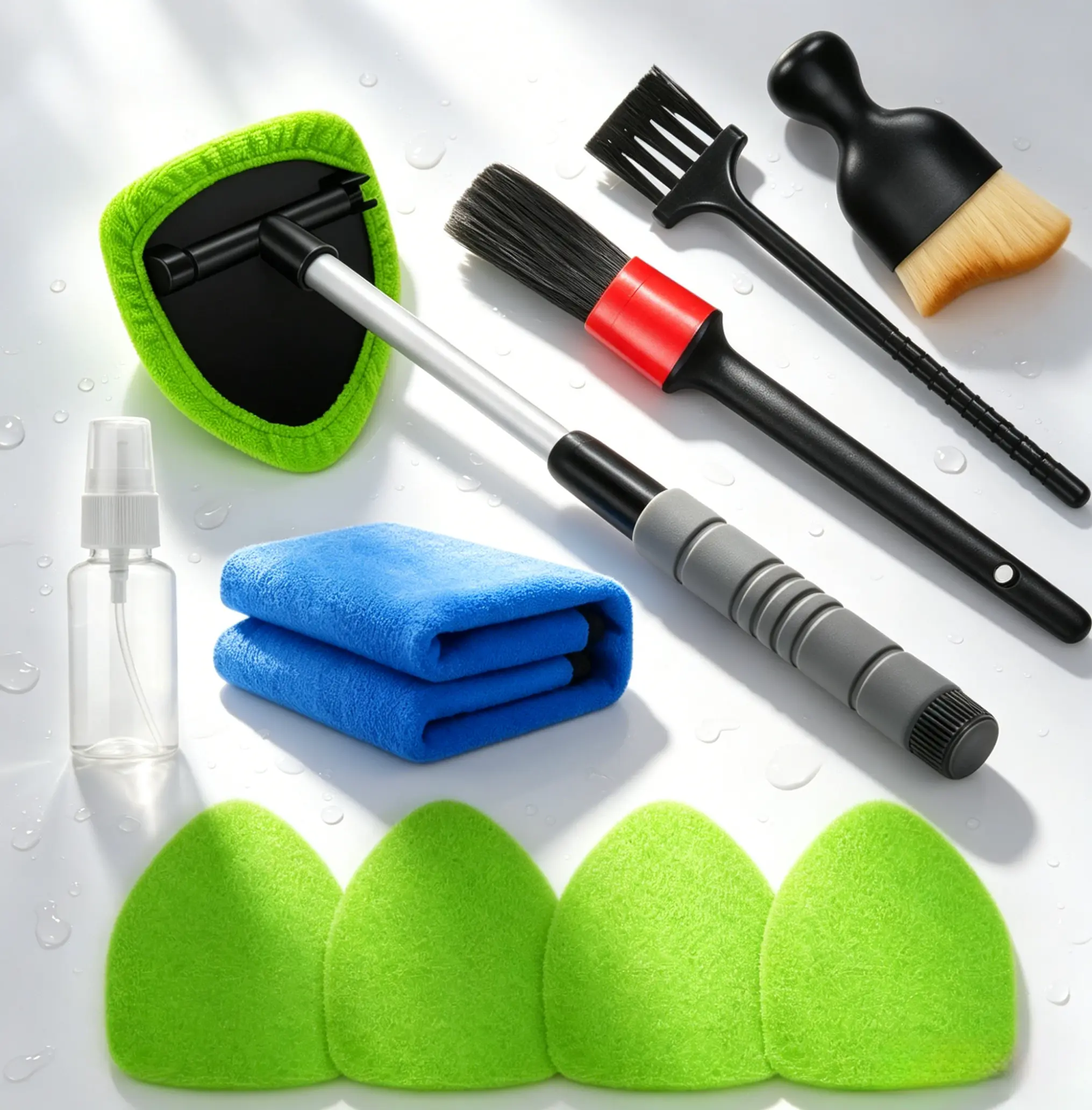 10 Pieces Car Windshield Cleaner Kit for Jeeps - Auto Glass Tool with Extendable ABS Plastic Handle, 180° Rotatable Head, 4 Microfiber Covers, 3 Air Vent Brushes, Blue Cloth, 50ml Empty Spray Bottle for Car Detailing, Home Window Care, All Vehicle, Surfac