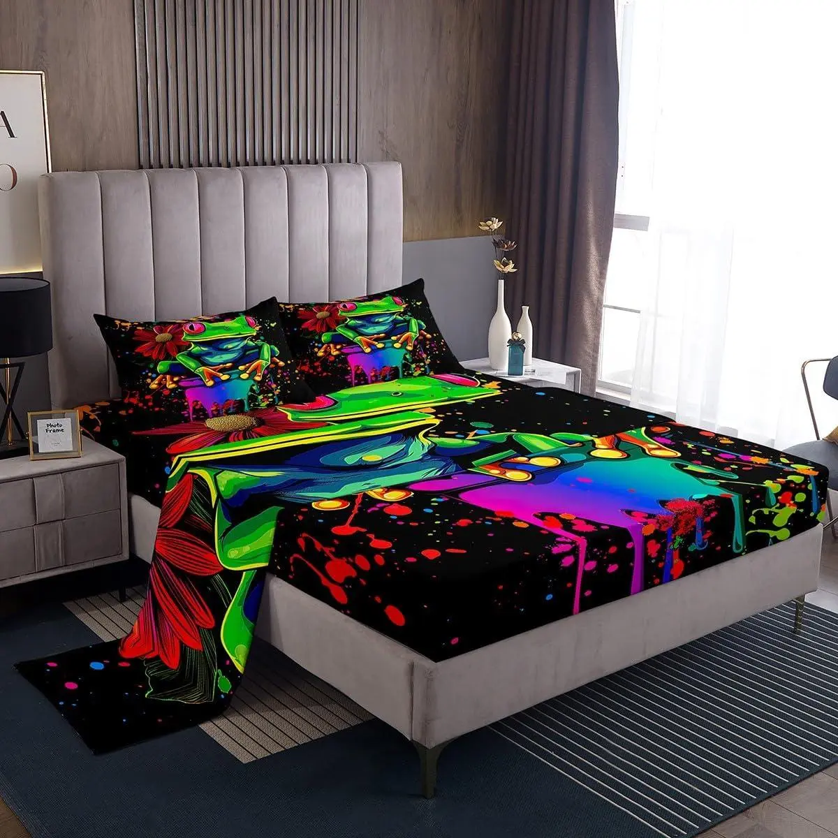 Frog Bed Sheets,Cartoon Animal Bedding Set,Rainbow Tie Dye Graffiti Sheet Set for Kids Boys Girls,Rose Flower Fitted Sheet for Bedroom Decor,Floral Cute Frog Printed Bed Sheet