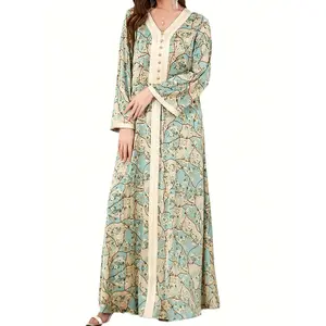 Elegant Arabian Jalabiya Kaftan for Women - V-Neck, Long Sleeve, Floral Pattern, Loose Fit, All-Season Wear, Perfect for Ramadan & Eid Celebrations, Islamic Clothing |   V-neck Kaftan |   Embroidered Detailing, Arab Clothes