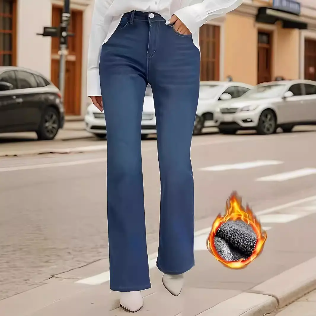 Women's Flare Pants, High Waisted Thick Fleece-Lined Stretch Bottoms for Winter Holiday Wear on Christmas and Thanksgiving, Flared, Halloween, Minimalist, Easter, Plain Look, Poly-Cotton, Basic, Button, Comfortable, Flared Trousers, Polyester Mix