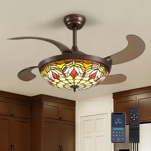 42/48" Retractable Ceiling Fan Tiffany Style Chandelier Light Fixtures Ceiling with Remote & Dimmable, 6-Speed, Reversible Vintage Fandelier for Bedroom Living Room Dining Room Kitchen outdoorfun Glass Pendant Light quiet dc motor