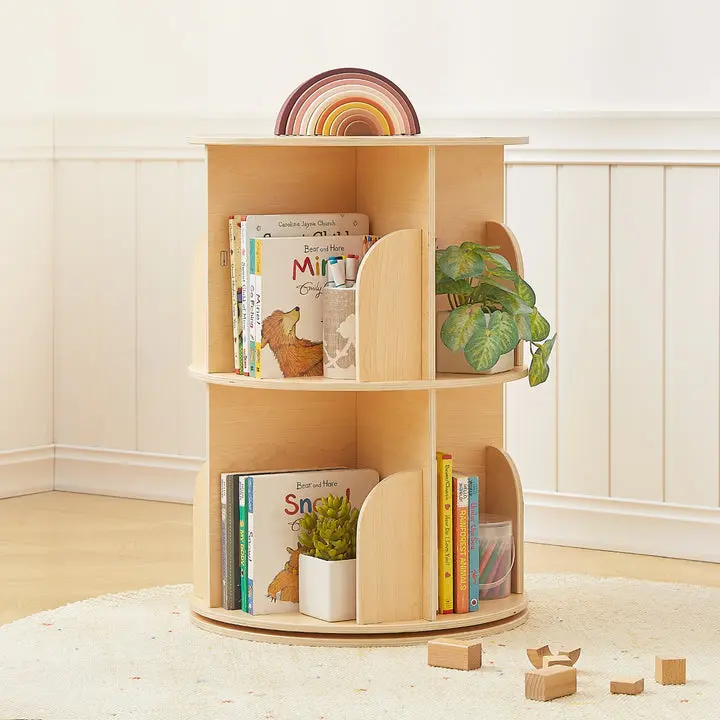 OOOK 2-Tier Plywood Rotating Corner Bookshelf, Compact Indoor Children's Bookcase Shelf & Rack