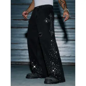 Unisex Black Rhinestone Cross Denim Jeans Y2K Streetwear Baggy Distressed Ripped Pants for Men Women Sparkly Diamond Graphic Wide Leg Jorts Hip Hop Gothic Aesthetic Harajuku Punk Rock Trousers Loose Fit Casual Non-Branded Apparel