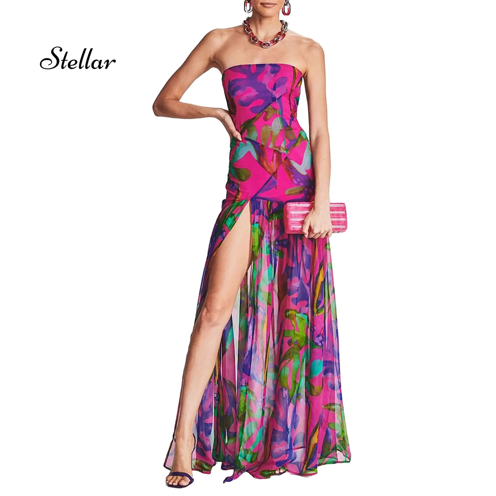 Women's Bodycon Dress, Strapless Tropical Print Maxi Style with Backless Mesh Patchwork and High Slit, Casual Wear, Tropical Design, Split, Going Out, Backless Bodycon, Lady, Polyester, Tropical Clothing