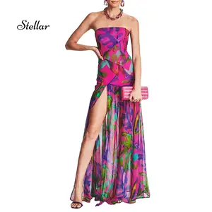 Women's Tube Top DressStrapless Backless Mesh Patchwork Tropical Leopard Print High Slit Long Dress for Summer Party Club Night Wear