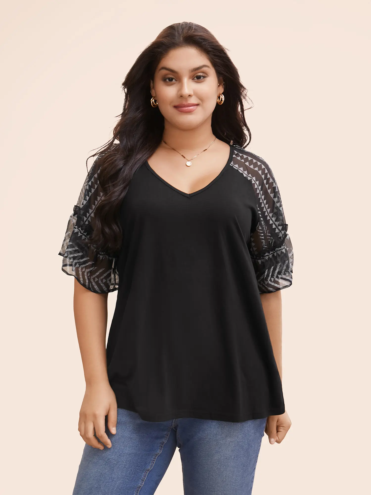 BLOOMCHIC Plus Size Women's Arctic Bohemian Print Patchwork Spandex-Polyester Blend T-Shirt - Fitted V-Neck Raglan Half Sleeve Curvy Clothing with Contrast Detail, Casual Summer Streetwear (Navy Blue/Indigo/Black, M-6X), Affordable Fashion, T Shirts Women