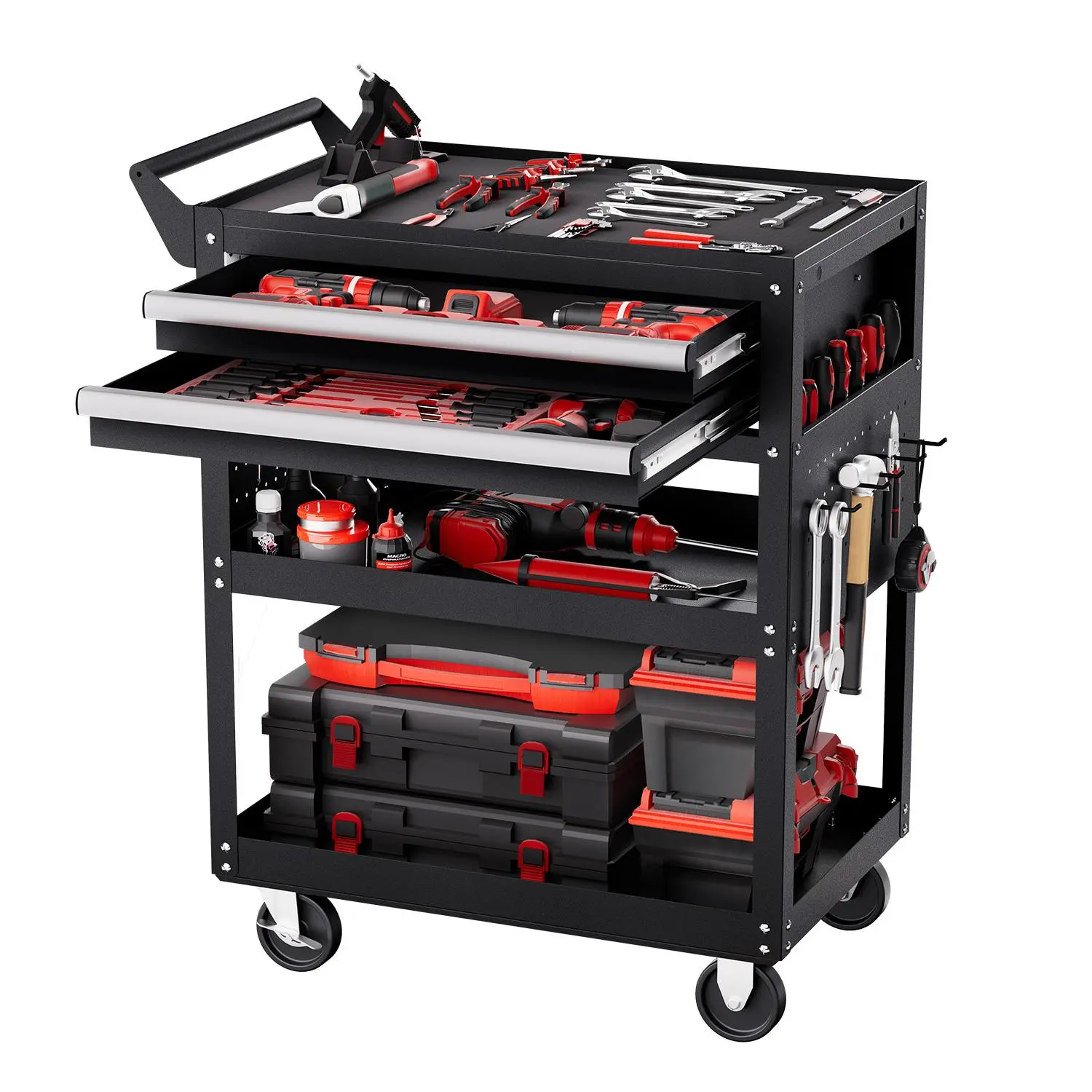 VEVOR Heavy Duty 5-Layer Lockable Tool Storage Utility Cart, 400 lbs Load Capacity, Smooth Transport Wheels, 2 Drawers+Trays, Pegboard Racks & Hooks, Construction Tool Organizer for Garage, Warehouse, Pegboard Hooks