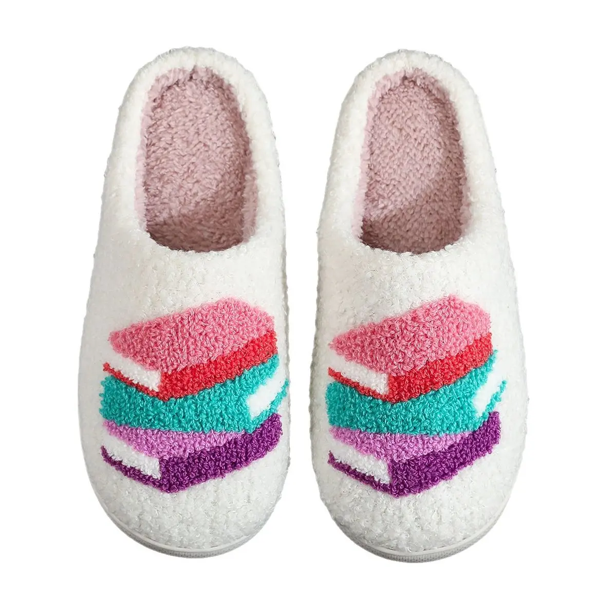 Women's Cute Book Slippers Soft Faux Fur Non-Slip Sole All Seasons Indoor Outdoor Comfort Footwear for Ladies Embroidery slippers for women house slipper indoor home