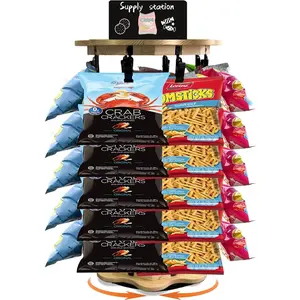 Chip Rack Display Stand 360° Rotating 5 40 Clips Chip Rack Bag Holder Retail Display Wooden Base Chip Display Stand for Concession Stand Countertop Store With Message Board (Flower)