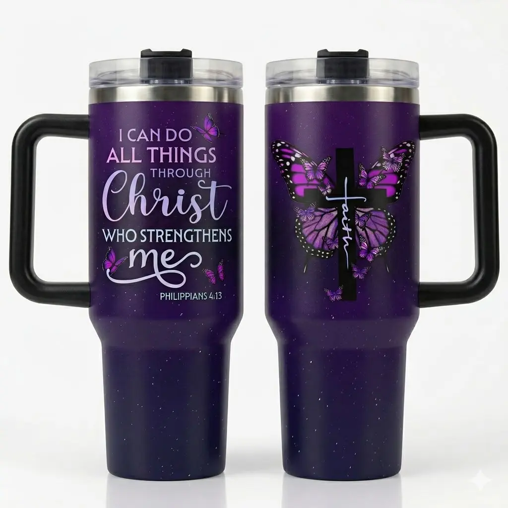 40oz Printed Bible Verse Flask - Philippians 4:13 "I Can Do All Things Through Christ" Purple Butterfly Cross Thermal Portable Reusable Insulated Travel Mug, Christian Mother's Day Gift for Women Mom