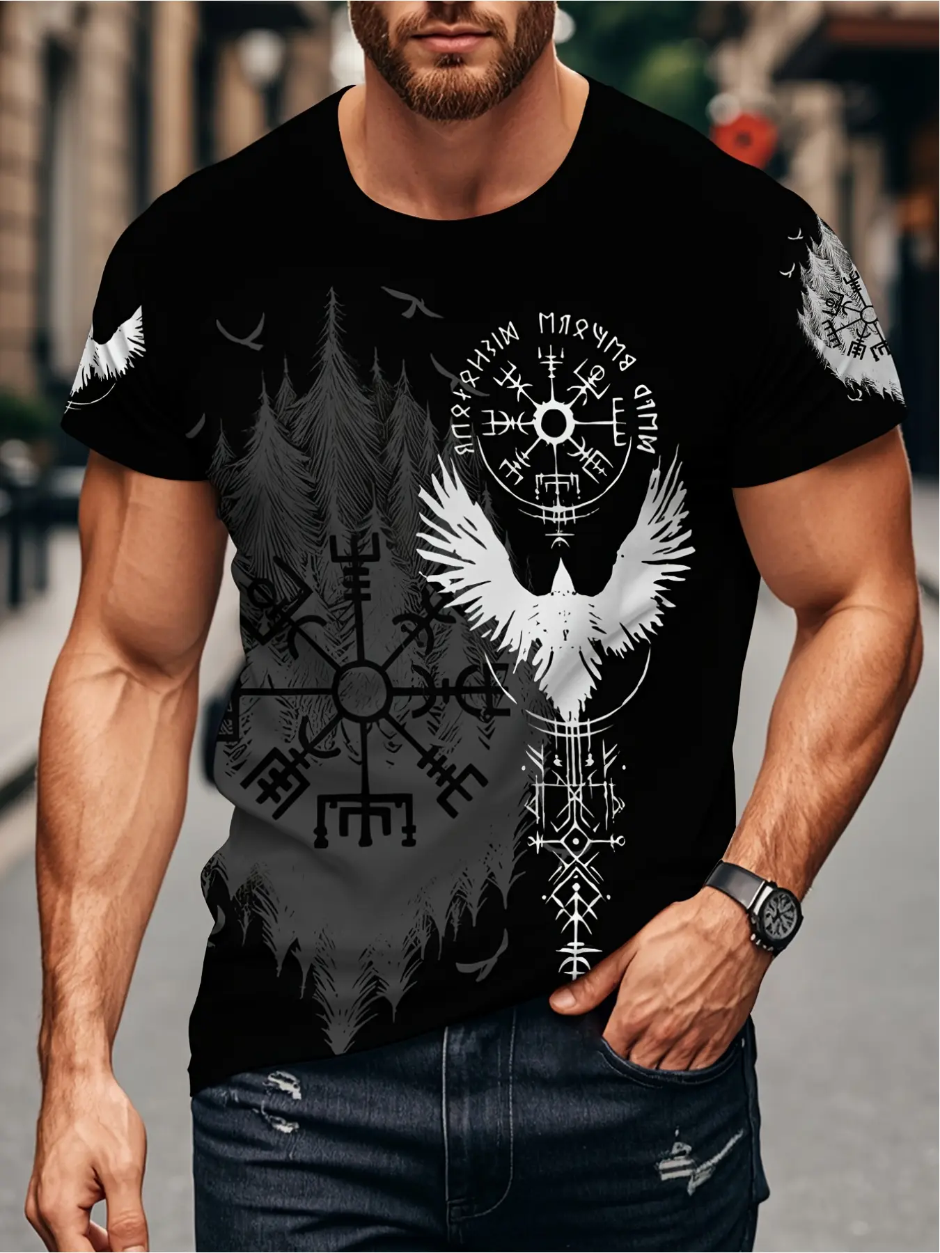 Men's Viking Norse T-Shirt with 3D Viking Rune & Norse Mythology Print - Viking, Yggdrasil Tree & Odin Rune (Elder Futhark) - Breathable Summer Casual Wear, Viking-Inspired Clothing for & Everyday Use, Menswear Streetwear Round Neck