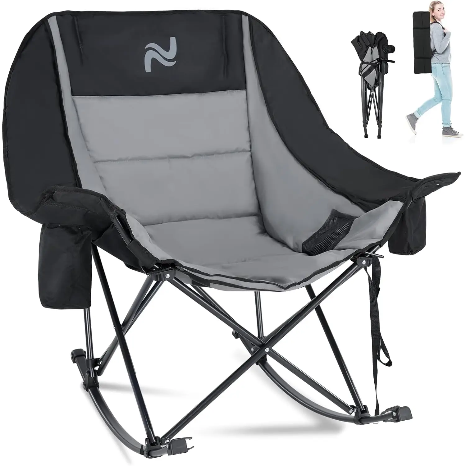 MOPHOTO Rocking Camping Chair,XXL Oversized Folding Fully Padded Outdoor Lawn Chair with Cooler Bag & Side Pocket,Portable Recliner for Patio, Backyar