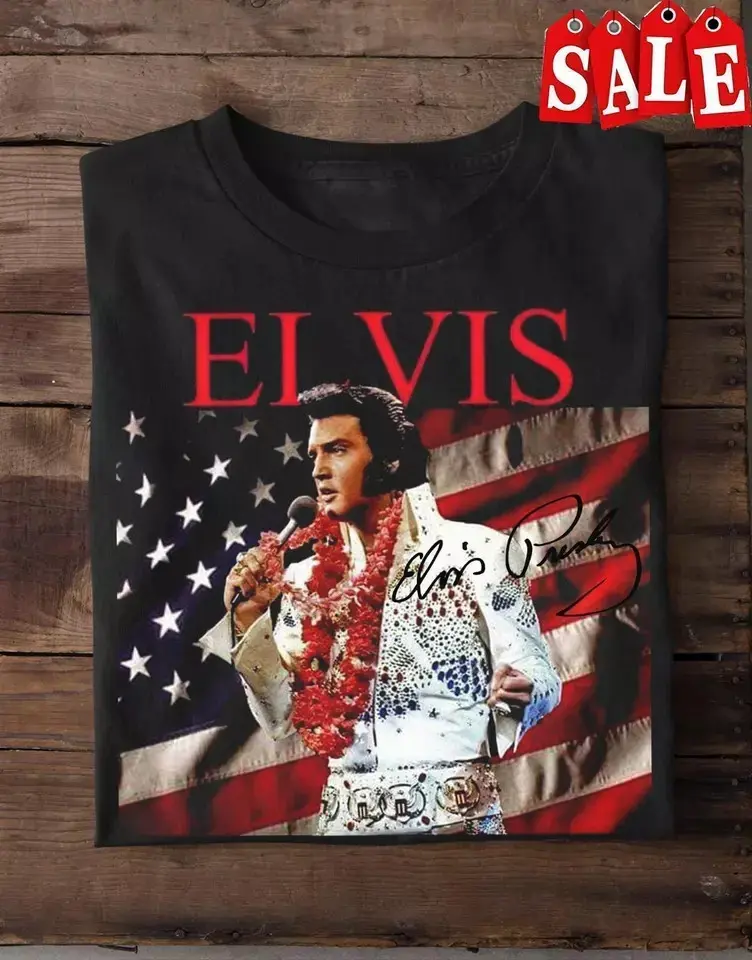 Elvis Presley Signature America Flag T Shirt Made In USA, All Colors, Gift for Women Men, US Size S-6XL, 100% cotton, Classic Fit, Unisex T-Shirt