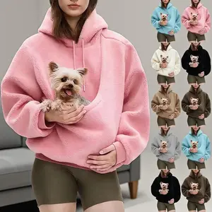 Women's Oversized Fleece Pet Pouch Hoodie 01-Pink Puppy Kitten Carrier Kangaroo Pocket Casual Pullover Sweatshirts Basic Long Sleeve