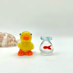 Handmade blown glass small figurine yellow duck with fish bag | baby duck bird| fish in a bag