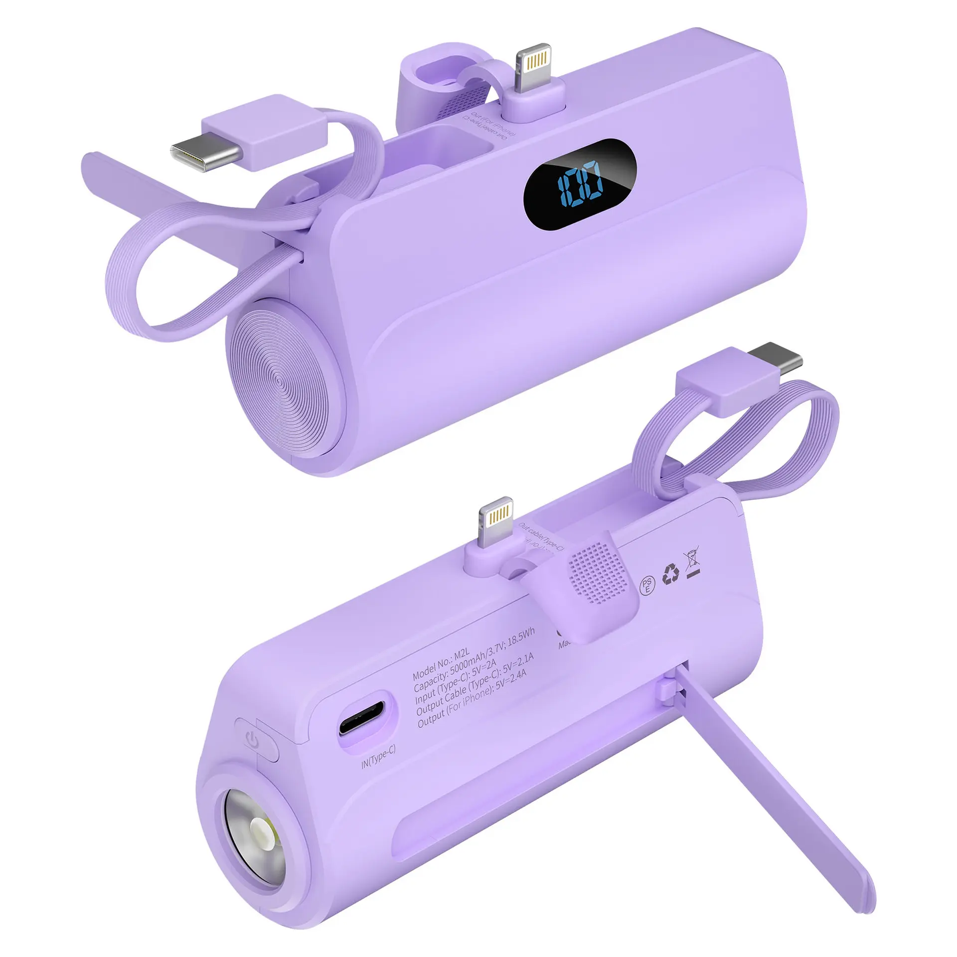 summerwins 5000mAh Mini Ultra Compact Portable Power Bank - Portable Charger with Built-in Cables, USB Type-C, Fast Charging for iPhone, Android Smartphones (Black&Purple) M2 Accessories