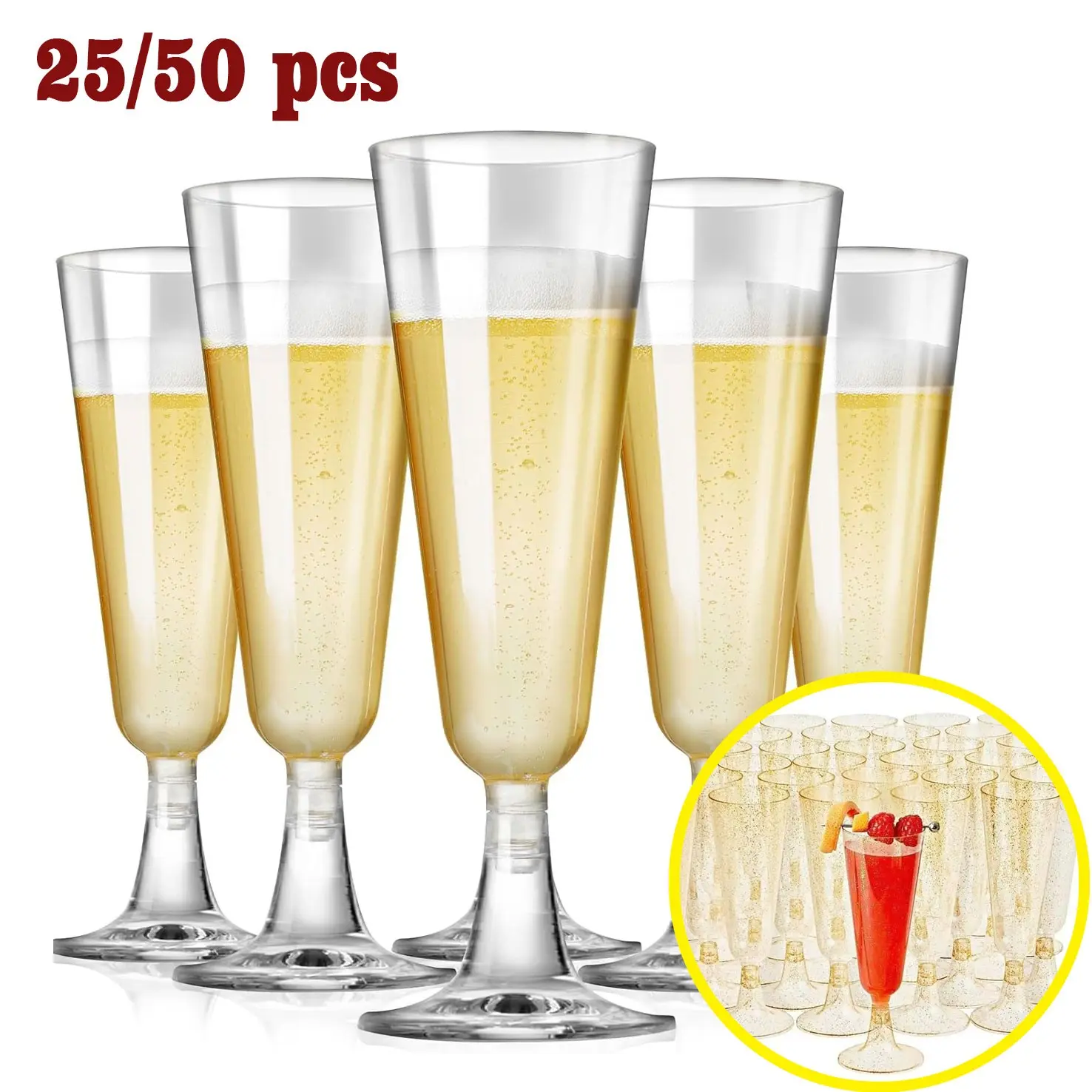 Elegant Stemmed Plastic Champagne Flutes, 25/50 Pack Disposable Party Cups, Ideal for Weddings, Celebrations and Birthday Gatherings, Easy to Clean, Perfect for Bar Cocktails and Wedding Toasts