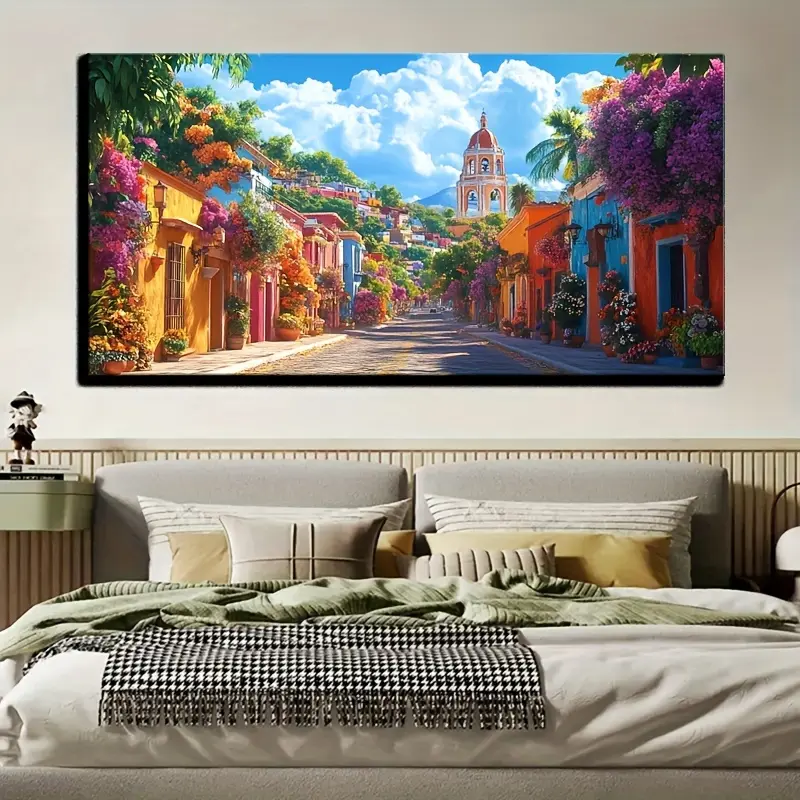 Framed Colorful Mexican Village Streets Wall Art - Decorative Ornaments, Vibrant Cultural Graphic Posters & Prints, All Seasons Home Decor Wall Mural for Living Room-Bedroom Hanging Supplies, Colorful Streets