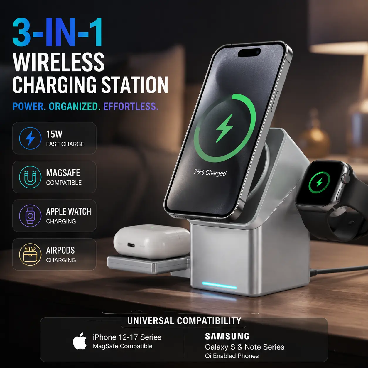 3 in 1 Magnetic Wireless Charging Station with Cable, 15W Fast Auto-Rotatable Charger Stand for iPhone 17 16 15 14 13 Pro Max, Apple Watch 10/9/Ultra, AirPods & Samsung Galaxy - 15W Desktop Charging Dock