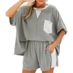 Women’s Summer Waffle Knit 2-Piece Outfit – Oversized T-Shirt & Casual Shorts Loungewear Short Set | SpringStatements