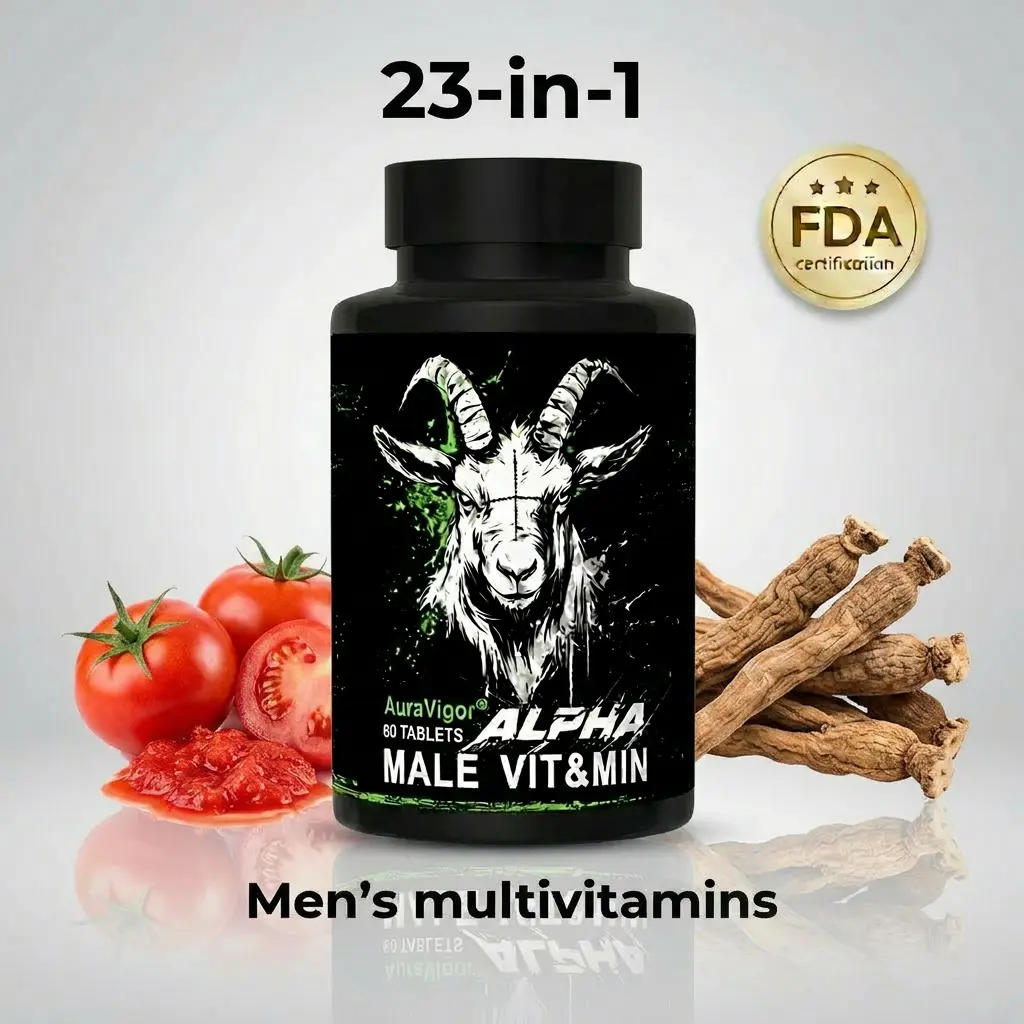 Auravigor Men’s Multivitamin – With Tongkat Ali & Lycopene – 23-in-1 –Real Food Nutrients – 60 Vegetarian Caplets