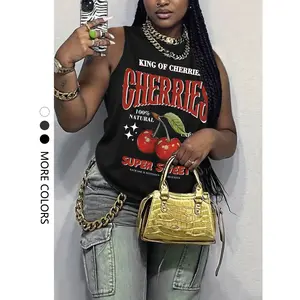 Women's casual solid color cherry print round neck vest, comfortable for daily wear, fashionable for summer tops, perfect match for spring and summerRAIMENTRY