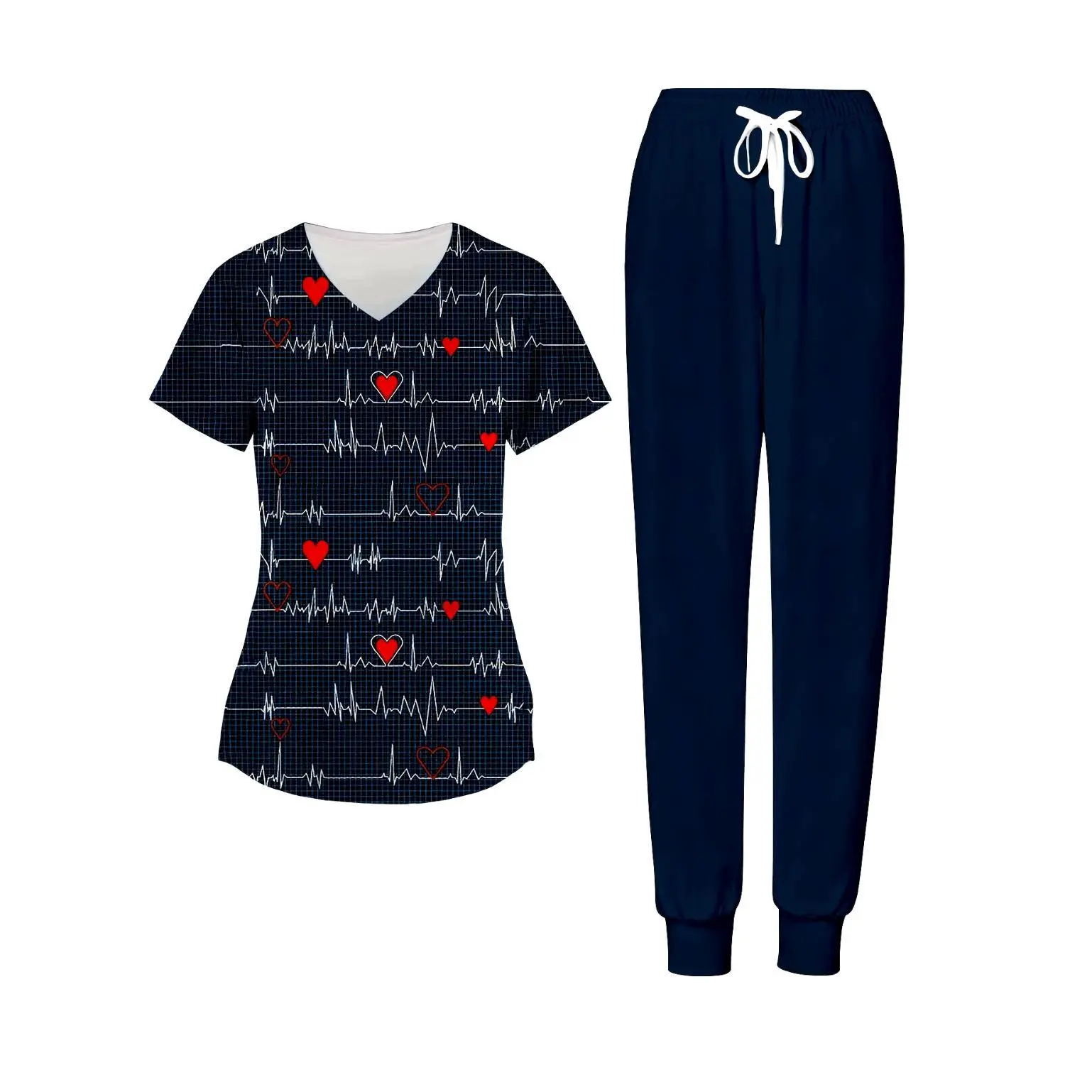 Plus Size Women’s Scrubs Set with ECG Heart Print – 2-Piece Nursing Uniform for Work and Hospital – Comfortable Fabric, Ideal Gift