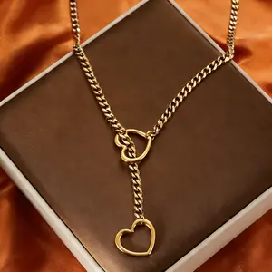 Heart O-ring Slip Chain Necklace For Women Handmade Punk Gothic Cuban Necklace Jewelry Adjustable Lariat Y-Necklace Gold Tone