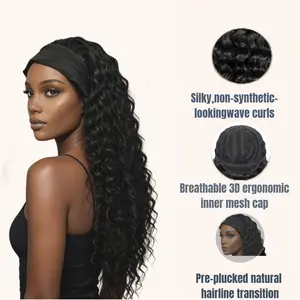 Curly Headband Wig —glueless ready to wear wig Voluminous, Tight Curls; Synthetic Hair Designed for Black Women; Non-Lace Headband Wig; 150% Density (Natural Color)