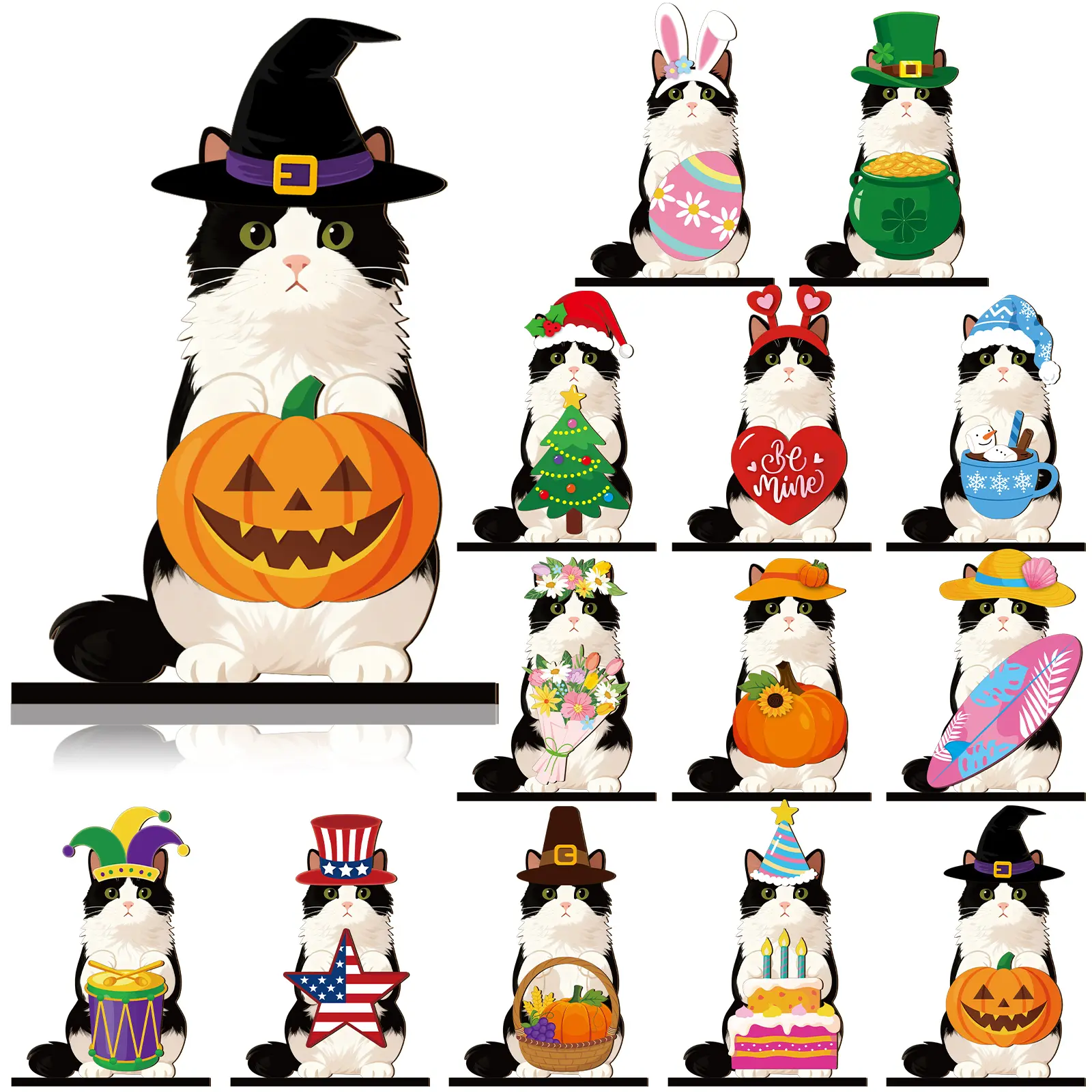 Gejoy Cat Sign Gift Halloween Decor Cat Ornaments Wooden Sign Cat Desk Decor Interchangeable Pet Decor with Magnet Detachable Hats for Summer Halloween Autumn Holiday Seasonal Birthday Party, Gift for Pet Owning Families and Cat Lovers