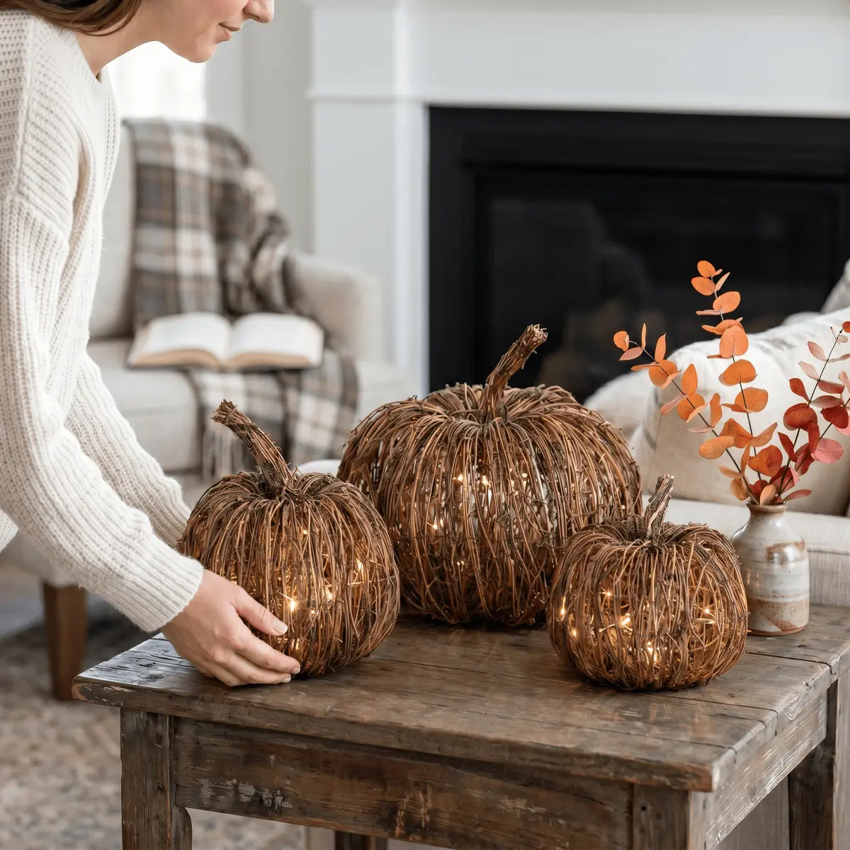 Lighted Rattan Pumpkin Rustic - Fall Tabletop Decor