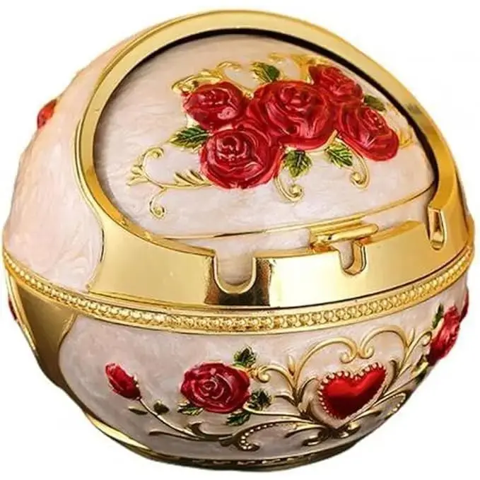 Antique Zinc Alloy Metal Ashtray with Flip Lid - Windproof, Odor-Locking, Portable Design, Large Decorative Jar, Stylish Decor Desktop Ornament, Patio Smoking Accessory, Ideal Birthday Gift for Him (Lid Included, Aluminum Design)