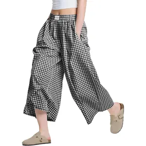 LOMON Womens Wide Leg Capri Pants Cotton Gingham Plaid Culottes Summer Elastic Waist Palazzo Trousers Bottoms with Pockets corporate