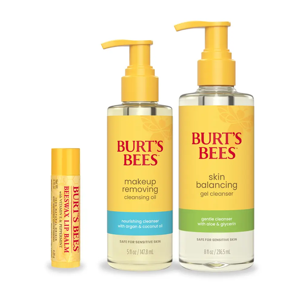 Burt's Bees Double Cleanse Bundle | Makeup Removing Cleansing Oil + Skin Balancing Gel Cleanser + FREE Beeswax Lip Balm | Normal to Combination Skin