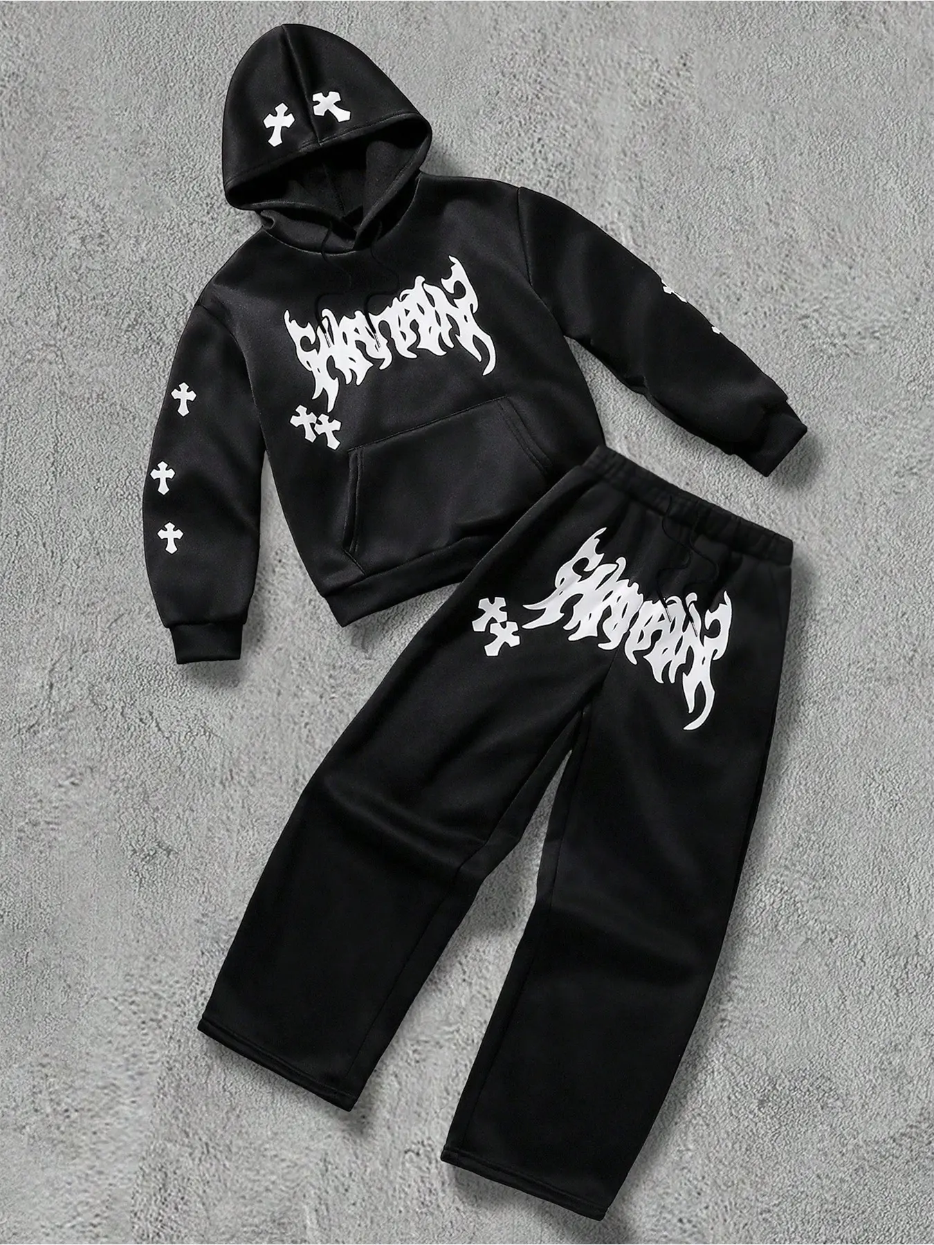 Trendy Dark Religion Hoodie & Sweatpants Set, Outfit, American Street Gothic Print Loose Fit Casual Streetwear Sportswear Two-Piece Set, Fall&winter