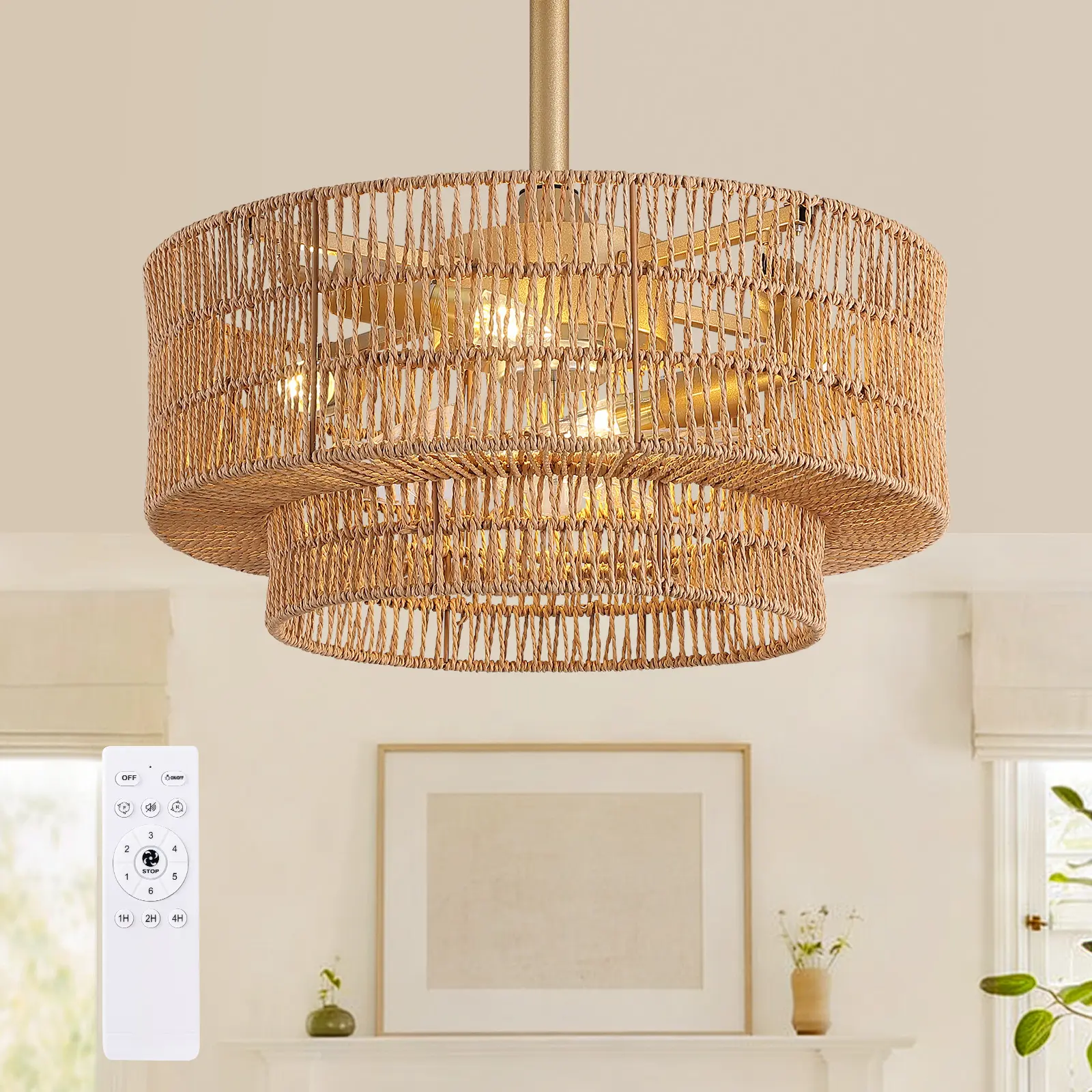 19.7in Boho Rattan Indoor Ceiling Fan with Lamp-Included Light, Coastal Caged Design with Remote Control, 6-Speed Reverses for Home Living Room Bedroom (Room Decor), Fan-Light