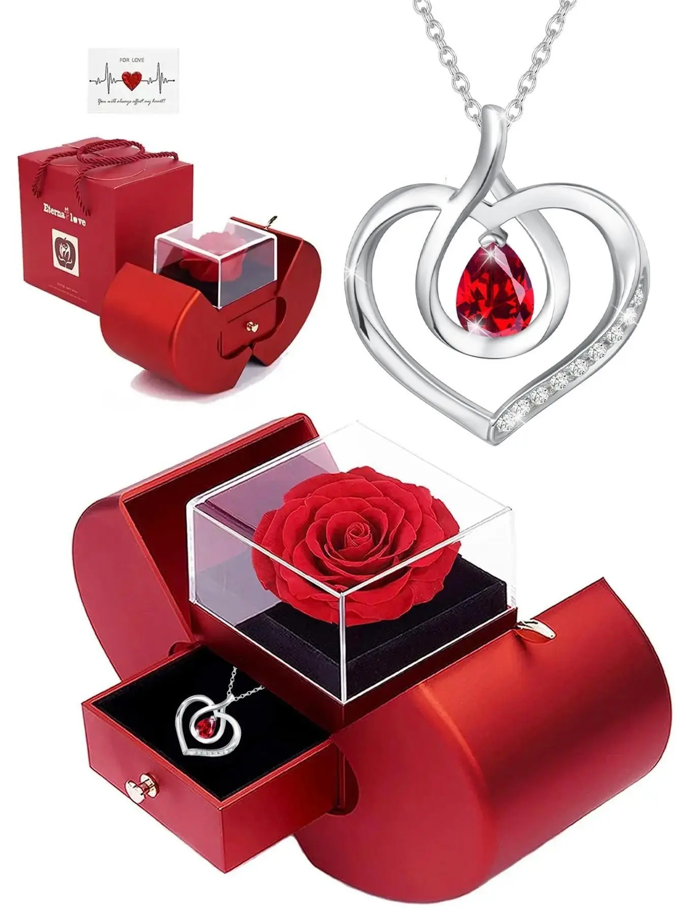 "Eternal Love" Preserved Flower Gift Box Set | Apple-Shaped Preserved Flower Box | Double Heart Amethyst & Zircon Necklace | Heart Pendant | A Touching Mother's Day Gift | A Heartwarming Keepsake for Mom, Wife, Grandma, Stepmom, or Sister