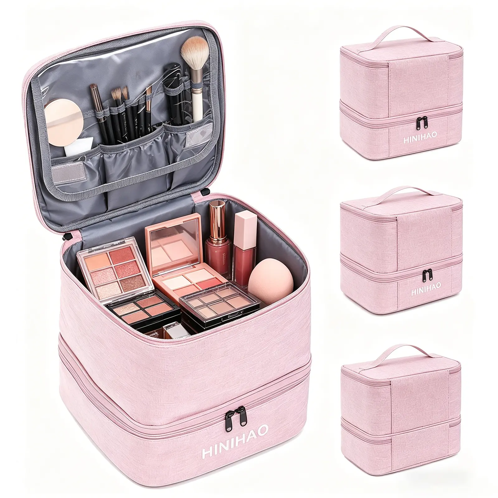 Makeup Bag, Portable Cosmetic Bag, Travel Makeup Organizer With Handle and Divider, Double Layer Large Organizer Bag, Adjustable Dividers and Brush Organize area- Pink