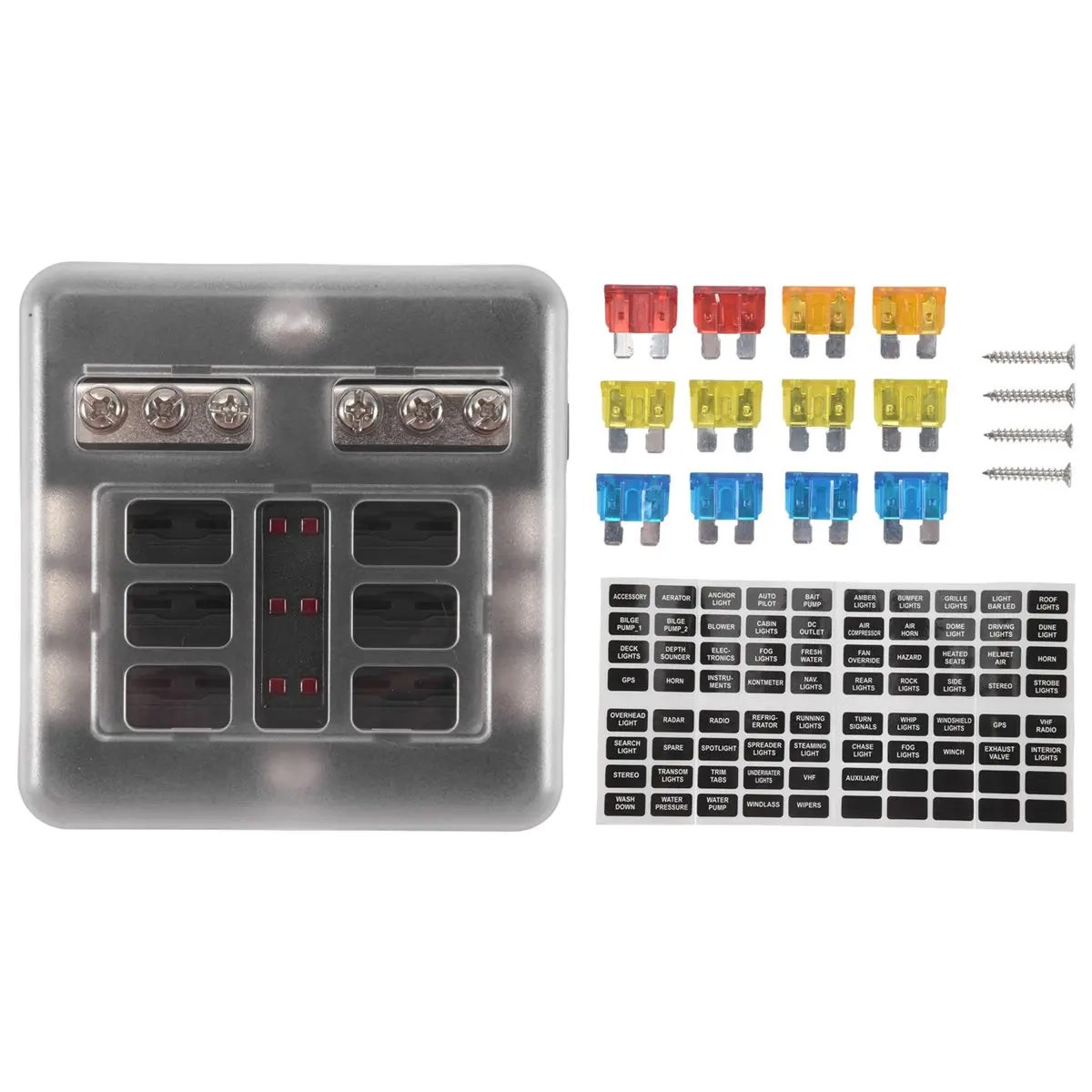 Waterproof 6-Way Insulated Fuse Block Kit Set with LED Light Warning Indicator - 12-Circuit PBT Plastic 12V Marine Box with Ground for DC 12/24V Boat Vehicle Circuits Blown Fuse Detection Tool, 1 Pc Waterproof And Dustproof Cover