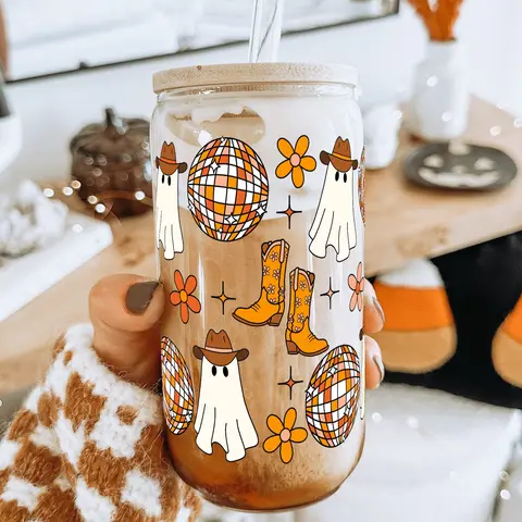 Western Ghost 40oz Glass Tumbler with Handle, Bamboo Lid & Straw, Halloween Gift