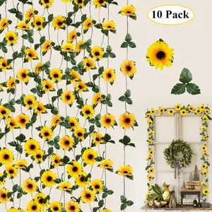 10 Pieces Artificial Sunflower Garland Decor,8.2ft Fake Silk Sunflowers Hanging Vines with Green Leaves for Wedding Home Table Garden Birthday Kitchen Outdoor Wall Decorations